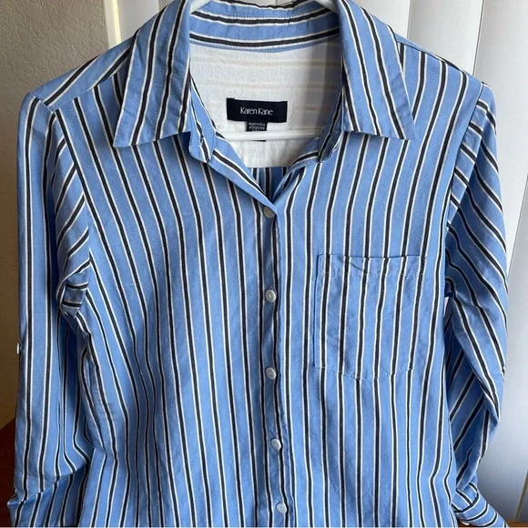 Karen Kane Striped Shirtdress Tencel Linen Roll-Tab Sleeve Blue Size XS - Picture 7 of 16